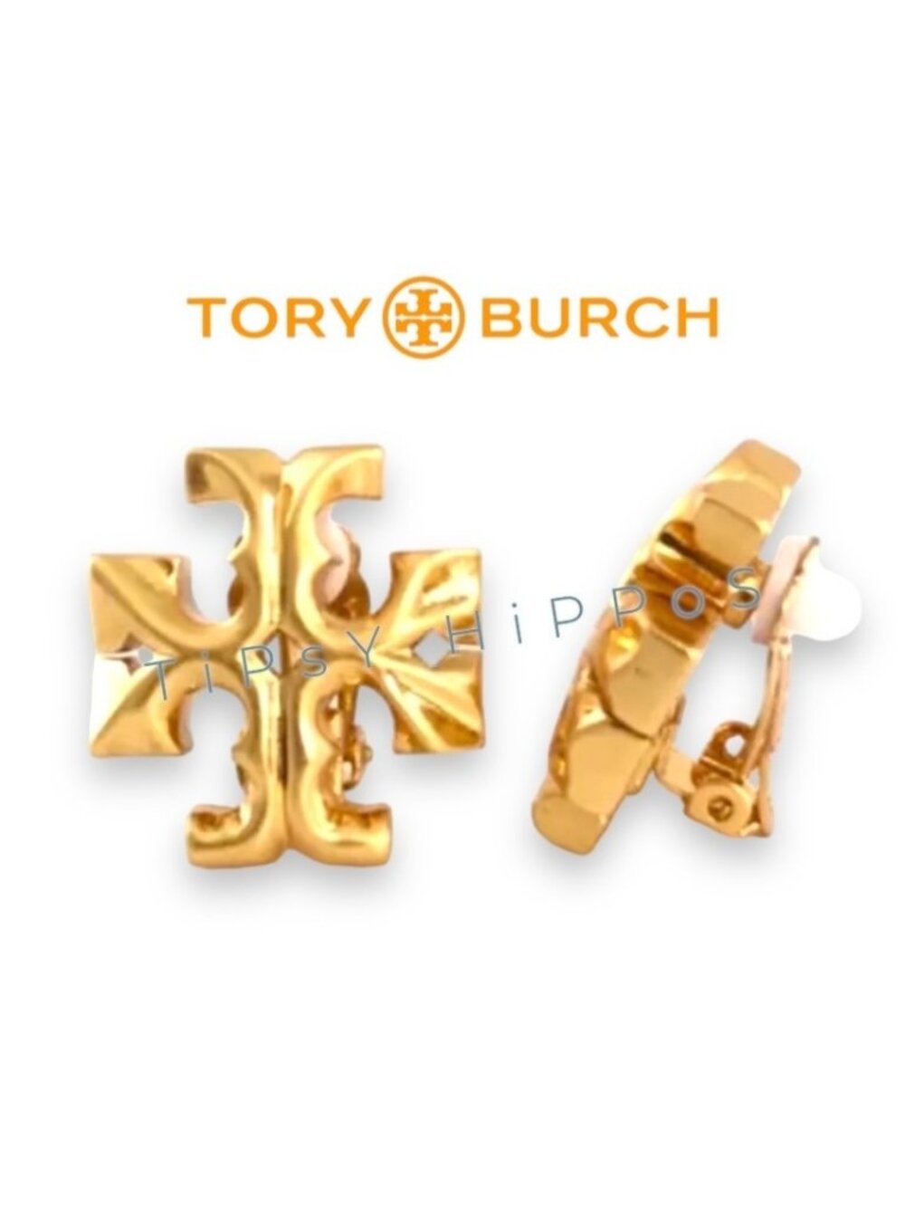 *** Tory Burch Roxanne Gold Logo Clip-On Earrings